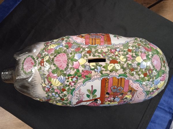Large Ceramic Piggy Bank In The Chinese Famille Rose Design. SOLD.