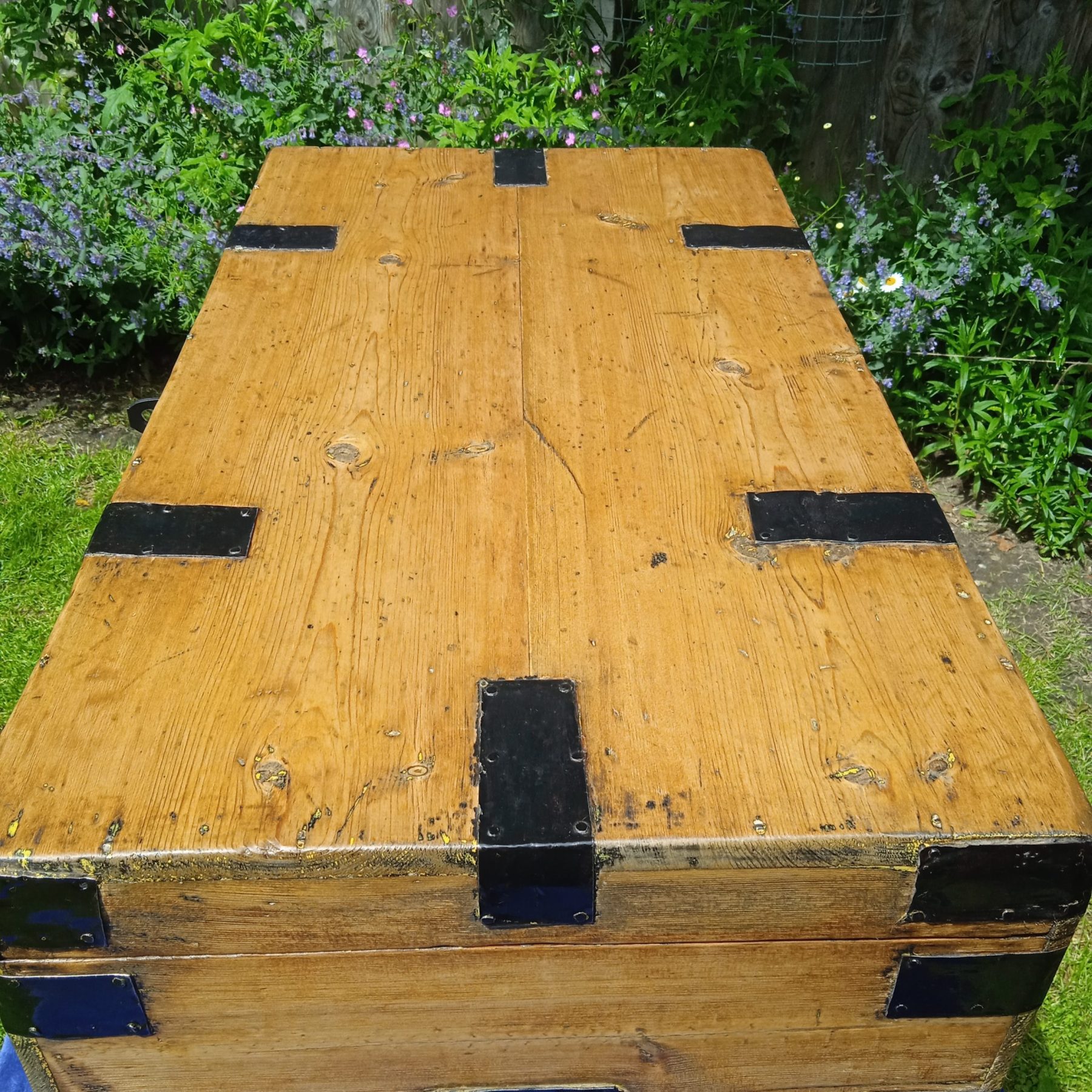 A Vintage Pine And Metal Bound Trunk. SOLD.