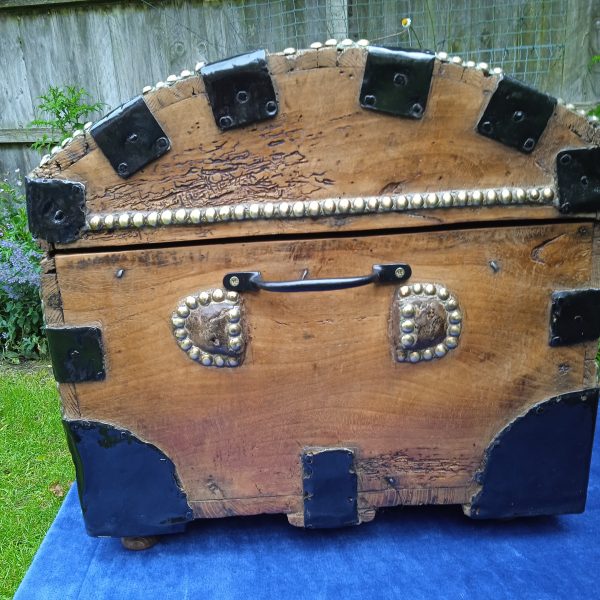 Antique Oak And Pine Metal Bound Brass Studded Dome Trunk.