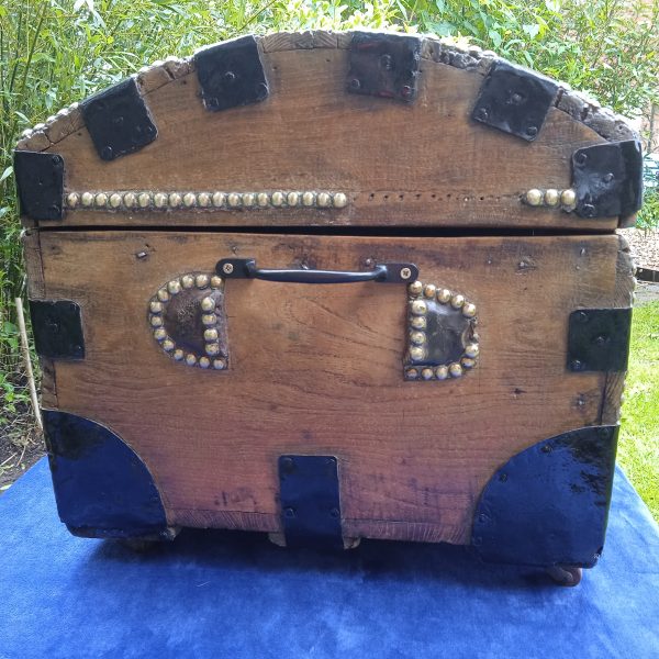 Antique Oak And Pine Metal Bound Brass Studded Dome Trunk.