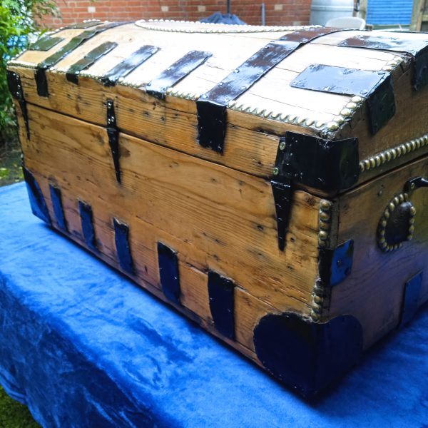 Antique Oak And Pine Metal Bound Brass Studded Dome Trunk.