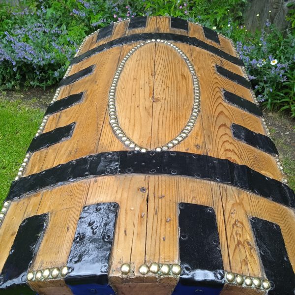 Antique Oak And Pine Metal Bound Brass Studded Dome Trunk.