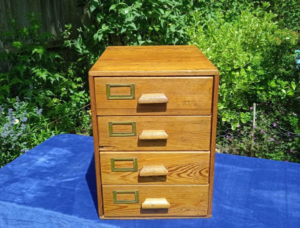Antique Oak 4 Drawer School, Filing Chest with Darlington Label. SOLD.