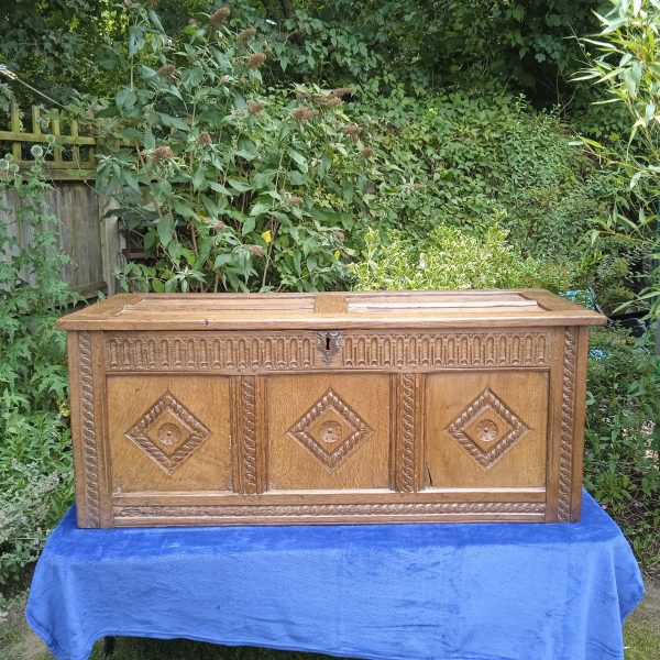 Antique Oak Coffer With Carved Panel Detail. Circa 1840. SOLD.