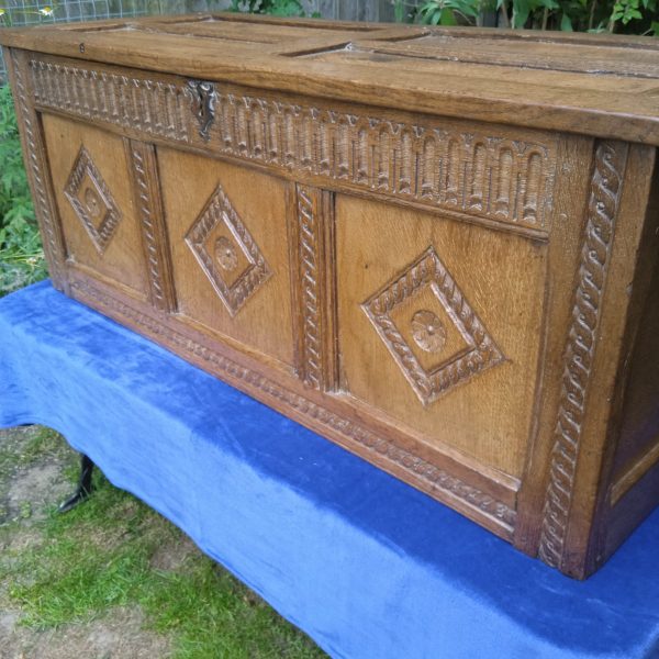 Antique Oak Coffer With Carved Panel Detail. Circa 1840. SOLD.