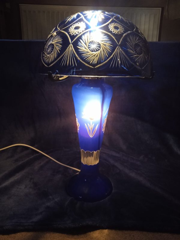 Bohemian Cobalt Blue Cut Crystal Glass Mushroom Table Lamp. C1950's/1960's. SOLD.
