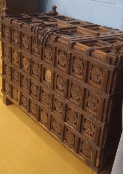 Early/Mid 19th Century Indian Hardwood Carved Panel Dowry Chest With Flower Metal Bound And Nailed Detail.