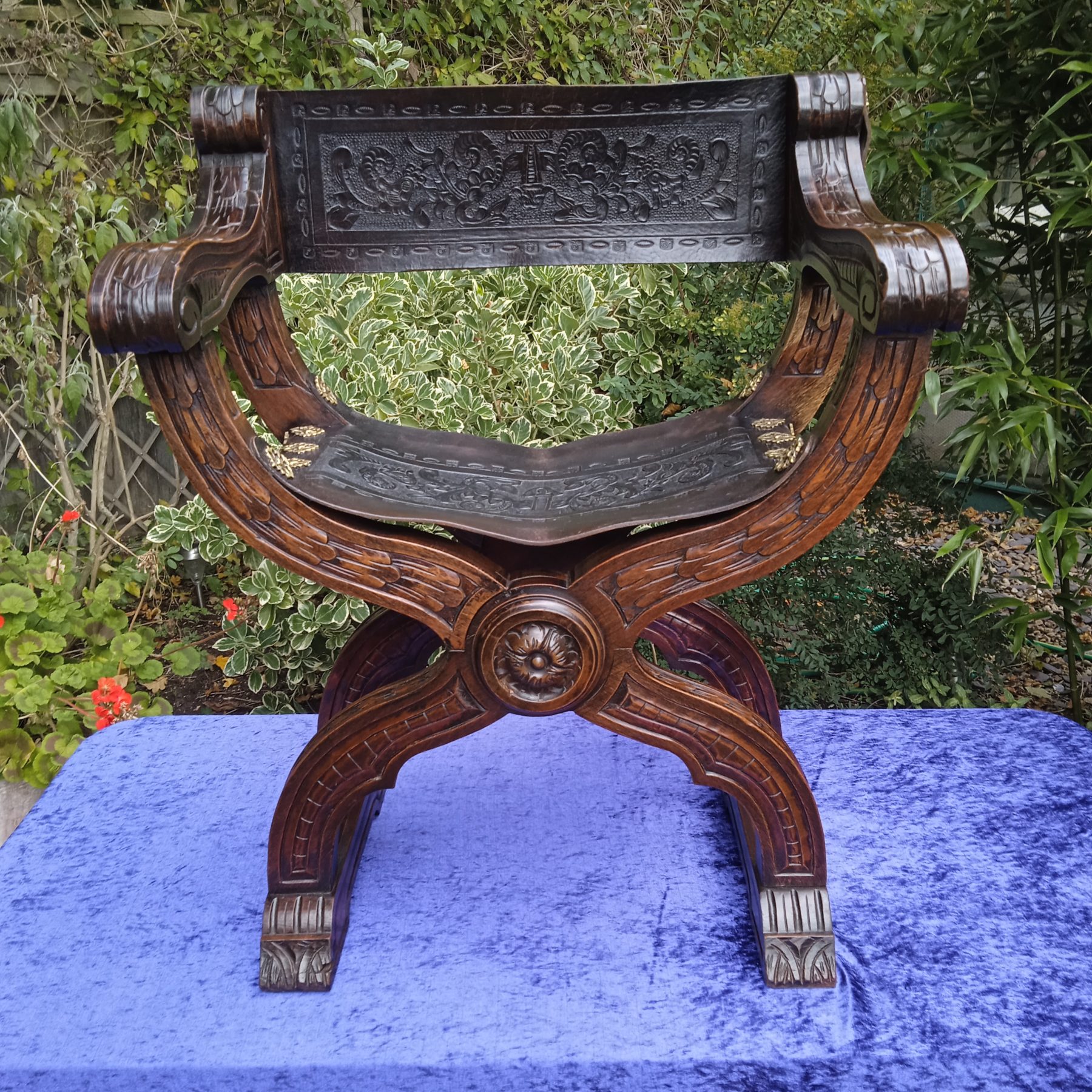 Antique Ornate Teak & Leather (Probably Spanish) Savonarola Clergy Style Chair.