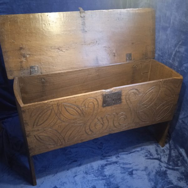 C18TH ( Circa 1720) Carved Oak Six Plank Coffer. SOLD.