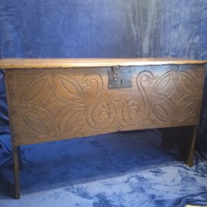 C18TH ( Circa 1720) Carved Oak Six Plank Coffer.